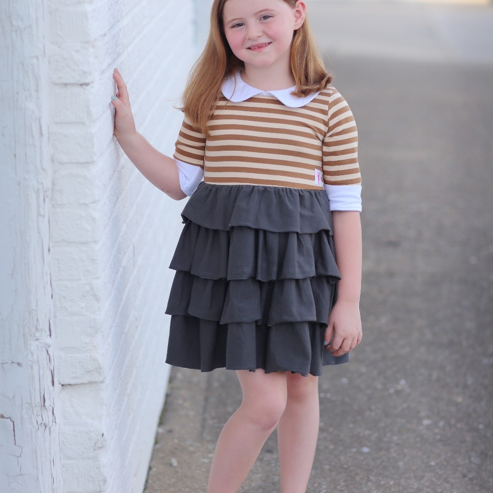 Girl's Brown Ruffle Dress with White Collar